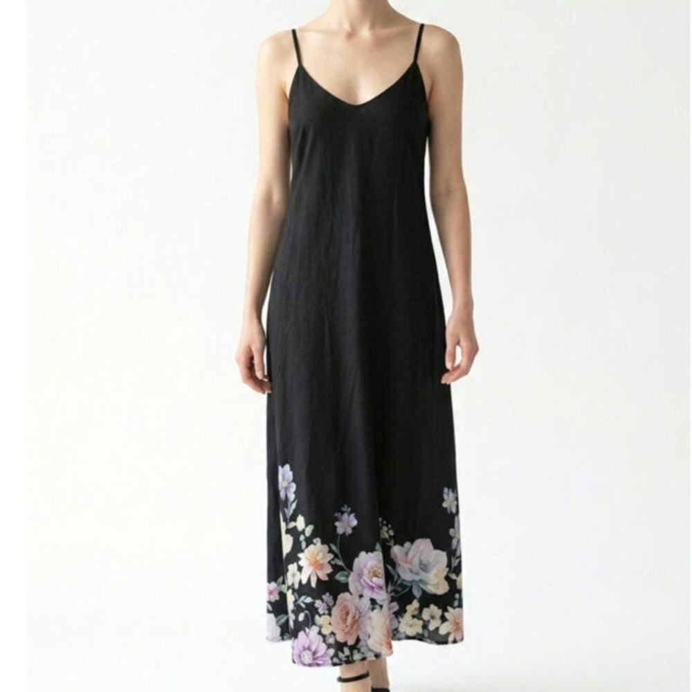 Le Ragazze Black Floral Linen A-Line Maxi Slip Dress Sleeveless Made in Italy L